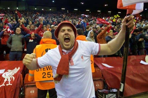 LIVERPOOL, ENGLAND - Thursday, April 14, 2016: A Liverpool supporter celebrates his side's dramatic injury time 4-3 (5-4 aggregate) victory over Borussia Dortmund during the UEFA Europa League Quarter-Final 2nd Leg match at Anfield. (Pic by David Rawcliffe/Propaganda)