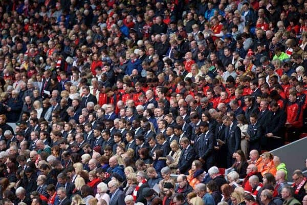 LIVERPOOL, ENGLAND - Friday, April 15, 2016: Liverpool players during the 27th Anniversary Hillsborough Service at Anfield. (Pic by David Rawcliffe/Propaganda)