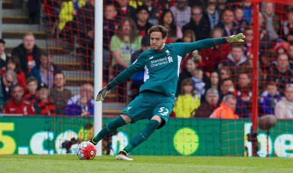 BOURNEMOUTH, ENGLAND - Sunday, April 17, 2016: Liverpool's goalkeeper Danny Ward in action against Bournemouth during the FA Premier League match at Dean Court. (Pic by David Rawcliffe/Propaganda)