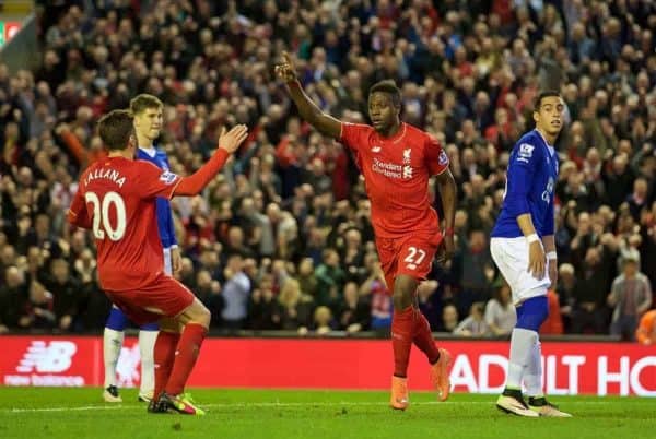 LIVERPOOL, ENGLAND - Wednesday, April 20, 2016: Liverpool's Divock Origi celebrates scoring the first goal against Everton during the Premier League match at Anfield, the 226th Merseyside Derby. (Pic by David Rawcliffe/Propaganda)