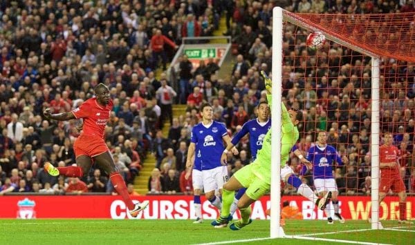 LIVERPOOL, ENGLAND - Wednesday, April 20, 2016: Liverpool's Mamadou Sakho scores the second goal against Everton during the Premier League match at Anfield, the 226th Merseyside Derby. (Pic by David Rawcliffe/Propaganda)