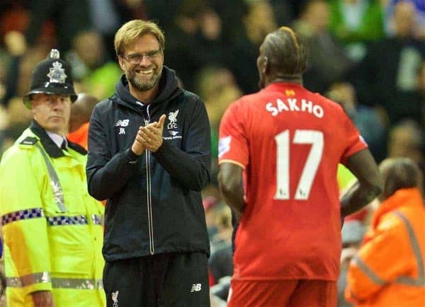 LIVERPOOL, ENGLAND - Wednesday, April 20, 2016: Liverpool's Mamadou Sakho celebrates scoring the first goal against Everton with manager Jürgen Klopp during the Premier League match at Anfield, the 226th Merseyside Derby. (Pic by David Rawcliffe/Propaganda)