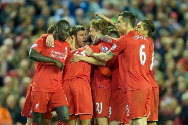 LIVERPOOL, ENGLAND - Wednesday, April 20, 2016: Liverpool's Daniel Sturridge celebrates scoring the third goal against Everton during the Premier League match at Anfield, the 226th Merseyside Derby. (Pic by David Rawcliffe/Propaganda)