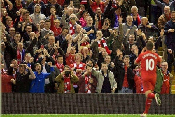 LIVERPOOL, ENGLAND - Wednesday, April 20, 2016: Liverpool's Philippe Coutinho Correia celebrates scoring the fourth goal against Everton with the supporters during the Premier League match at Anfield, the 226th Merseyside Derby. (Pic by David Rawcliffe/Propaganda)