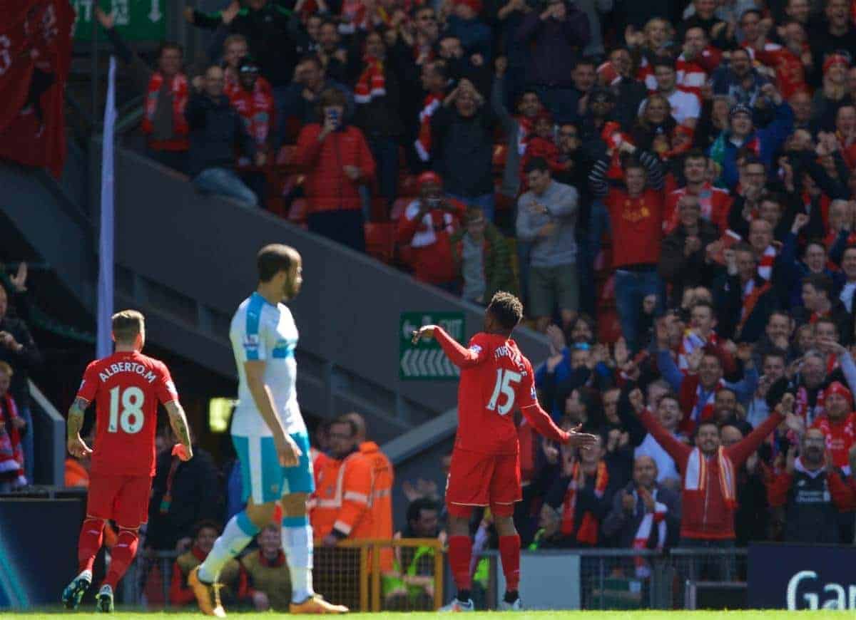 LIVERPOOL, ENGLAND - Saturday, April 23, 2016: Liverpool's Daniel Sturridge celebrates scoring the first goal against Newcastle United during the Premier League match at Anfield. (Pic by Bradley Ormesher/Propaganda)