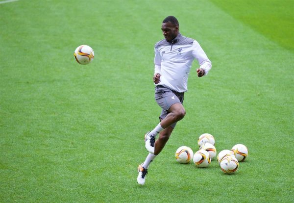 VILLRREAL, SPAIN - Wednesday, April 27, 2016: Liverpool's Christian Benteke during a training session ahead of the UEFA Europa League Semi-Final 1st Leg match against Villarreal CF at Estadio El Madrigal. (Pic by David Rawcliffe/Propaganda)