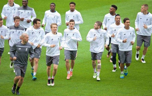 VILLRREAL, SPAIN - Wednesday, April 27, 2016: Liverpool's Lucas Leiva, Philippe Coutinho Correia and Alberto Moreno during a training session ahead of the UEFA Europa League Semi-Final 1st Leg match against Villarreal CF at Estadio El Madrigal. (Pic by David Rawcliffe/Propaganda)