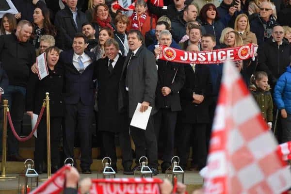 LIVERPOOL, ENGLAND - Wednesday, April 27, 2016: L-R Angela Eagle MP, Andy Burnam MP, Former Liverpool Manager Kenny Dalglish and Steve Rotherham MP sing "You'll Never Walk Alone" with the family and friends of the 96 victims as thousands of people gather outside Liverpool's St George's Hall in remembrance of the 96 victims who died at the Hillsborough disaster, a day after after a two-year long inquest court delivered a verdict of unlawful killing. (Pic by Propaganda)