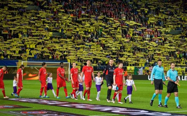 VILLRREAL, SPAIN - Thursday, April 28, 2016: Liverpool's captain James Milner leads his side out to face Villarreal CF during the UEFA Europa League Semi-Final 1st Leg match at Estadio El Madrigal. (Pic by David Rawcliffe/Propaganda)