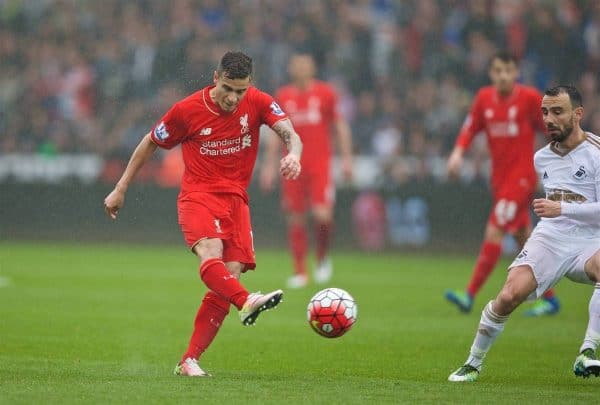 SWANSEA, WALES - Sunday, May 1, 2016: Liverpool's Philippe Coutinho Correia in action against Swansea City during the Premier League match at the Liberty Stadium. (Pic by David Rawcliffe/Propaganda)