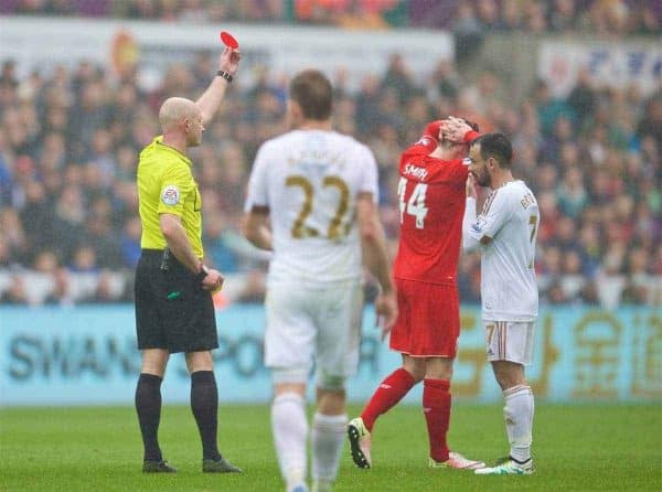 SWANSEA, WALES - Sunday, May 1, 2016: Liverpool's Brad Smith is shown a second yellow and the a red card and sent off by referee Roger East during the Premier League match against Swansea City at the Liberty Stadium. (Pic by David Rawcliffe/Propaganda)