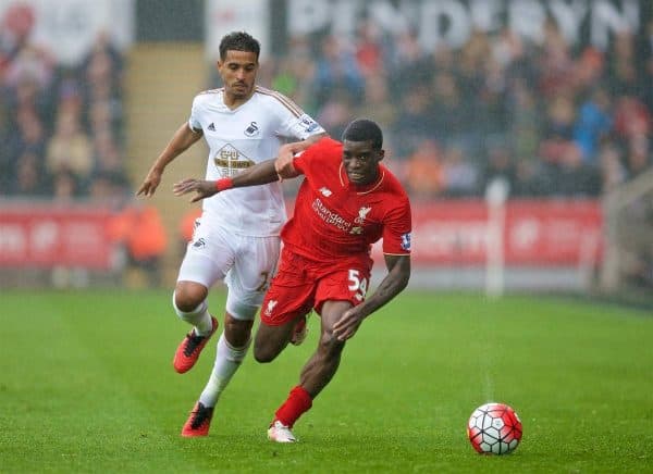 SWANSEA, WALES - Sunday, May 1, 2016: Liverpool's Sheyi Ojo in action against Swansea City during the Premier League match at the Liberty Stadium. (Pic by David Rawcliffe/Propaganda)