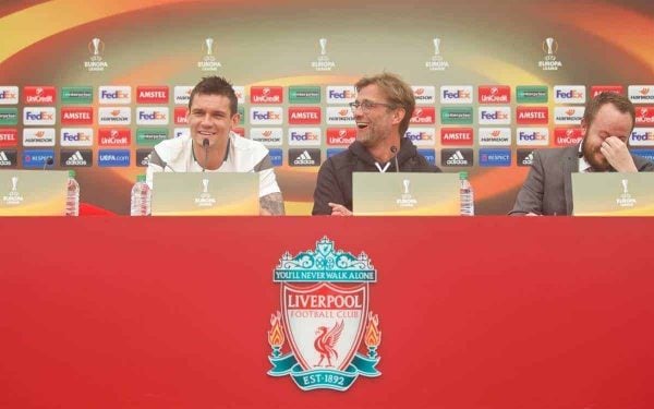 LIVERPOOL, ENGLAND - Wednesday, May 4, 2016: Liverpool's manager Jürgen Klopp and Dejan Lovren during a press conference at Melwood Training Ground ahead of the UEFA Europa League Semi-Final 2nd Leg match against Villarreal CF. (Pic by David Rawcliffe/Propaganda)