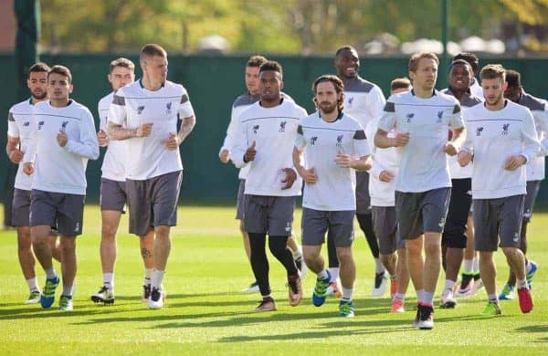 LIVERPOOL, ENGLAND - Wednesday, May 4, 2016: Liverpool's Martin Skrtel, Daniel Sturridge, Joe Allen and Lucas Leiva during a training session at Melwood Training Ground ahead of the UEFA Europa League Semi-Final 2nd Leg match against Villarreal CF. (Pic by David Rawcliffe/Propaganda)