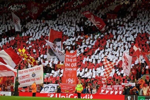 LIVERPOOL, ENGLAND - Thursday, May 5, 2016: Liverpool's Spion Kop before the UEFA Europa League Semi-Final 2nd Leg match against Villarreal CF at Anfield. (Pic by David Rawcliffe/Propaganda)