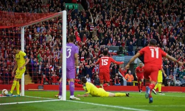 LIVERPOOL, ENGLAND - Thursday, May 5, 2016: Liverpool's Daniel Sturridge celebrates scoring the first goal against Villarreal during the UEFA Europa League Semi-Final 2nd Leg match at Anfield. (Pic by David Rawcliffe/Propaganda)