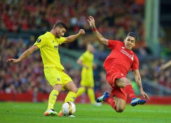 LIVERPOOL, ENGLAND - Thursday, May 5, 2016: Liverpool's Roberto Firmino in action against Villarreal during the UEFA Europa League Semi-Final 2nd Leg match at Anfield. (Pic by David Rawcliffe/Propaganda)