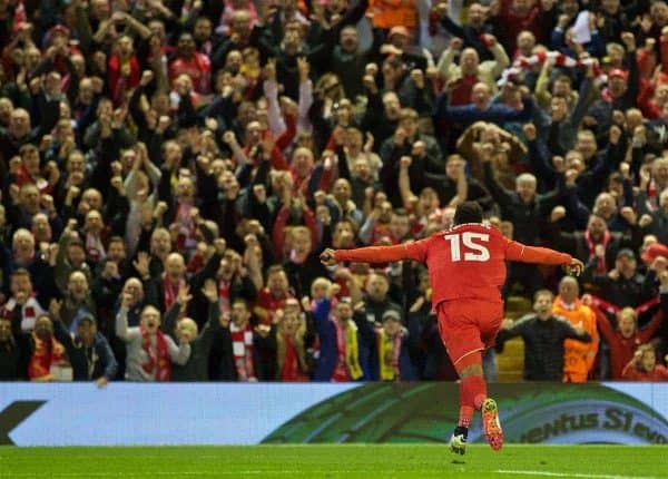 LIVERPOOL, ENGLAND - Thursday, May 5, 2016: Liverpool's Daniel Sturridge celebrates scoring the second goal against Villarreal during the UEFA Europa League Semi-Final 2nd Leg match at Anfield. (Pic by David Rawcliffe/Propaganda)