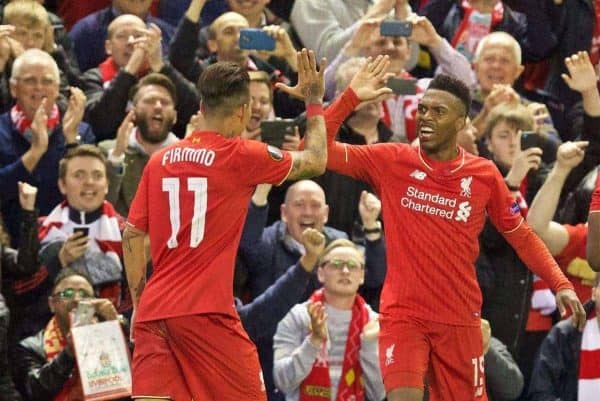 LIVERPOOL, ENGLAND - Thursday, May 5, 2016: Liverpool's Daniel Sturridge celebrates scoring the second goal against Villarreal during the UEFA Europa League Semi-Final 2nd Leg match at Anfield. (Pic by David Rawcliffe/Propaganda)