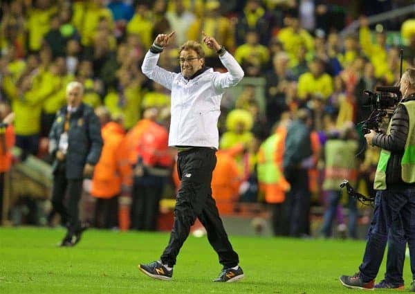 LIVERPOOL, ENGLAND - Thursday, May 5, 2016: Liverpool's manager Jürgen Klopp' celebrates his side's 3-0 victory over Villarreal, reaching the final 3-1 on aggregate, during the UEFA Europa League Semi-Final 2nd Leg match at Anfield. (Pic by David Rawcliffe/Propaganda)