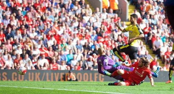 LIVERPOOL, ENGLAND - Sunday, May 8, 2016: Liverpool's Joe Allen scores the first goal against Watford during the Premier League match at Anfield. (Pic by David Rawcliffe/Propaganda)