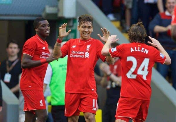 LIVERPOOL, ENGLAND - Sunday, May 8, 2016: Liverpool's Roberto Firmino celebrates scoring the second goal against Watford during the Premier League match at Anfield. (Pic by David Rawcliffe/Propaganda)