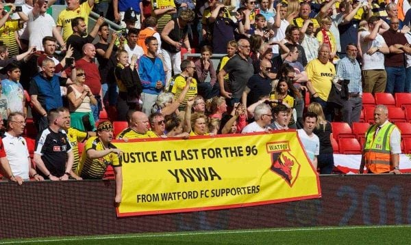 LIVERPOOL, ENGLAND - Sunday, May 8, 2016: Watford fans show messages of support for the Hillsborough victims during the Premier League match at Anfield. (Pic by David Rawcliffe/Propaganda)