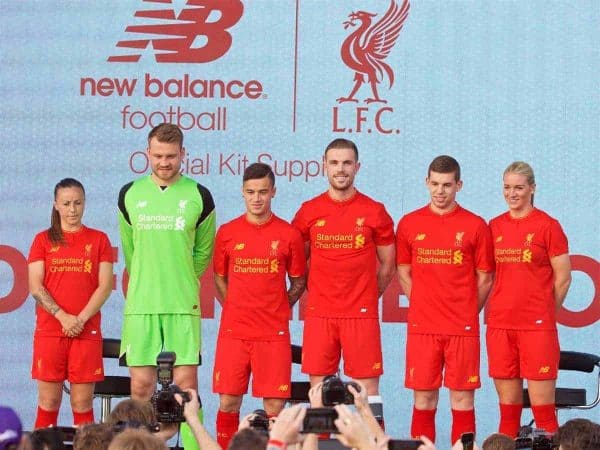 LIVERPOOL, ENGLAND - Monday, May 9, 2016: Liverpool's Natasha Harding, goalkeeper Simon Mignolet, Philippe Coutinho Correia, captain Jordan Henderson, Jon Flanagan, Gemma Bonner at the launch of the New Balance 2016/17 Liverpool FC kit at a live event in front of supporters at the Royal Liver Building on Liverpool's historic World Heritage waterfront. (Pic by David Rawcliffe/Propaganda)