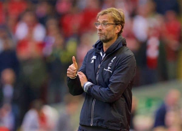 LIVERPOOL, ENGLAND - Wednesday, May 11, 2016: Liverpool's manager Jürgen Klopp during the Premier League match against Chelsea at Anfield. (Pic by David Rawcliffe/Propaganda)