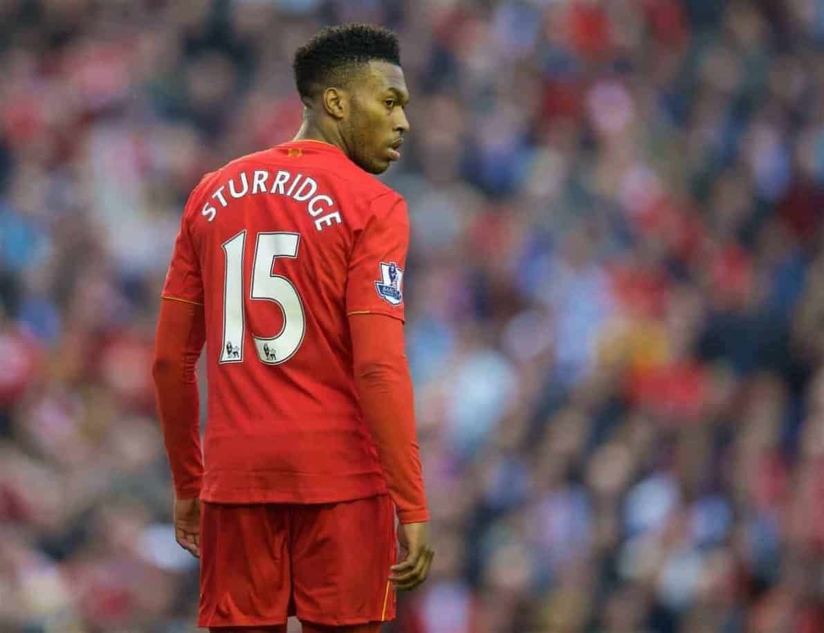 LIVERPOOL, ENGLAND - Wednesday, May 11, 2016: Liverpool's Daniel Sturridge in action during the Premier League match against Chelsea at Anfield. (Pic by David Rawcliffe/Propaganda)