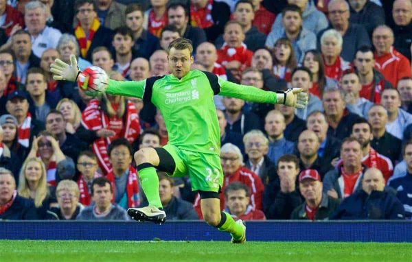 LIVERPOOL, ENGLAND - Wednesday, May 11, 2016: Liverpool's goalkeeper Simon Mignolet in action during the Premier League match against Chelsea at Anfield. (Pic by David Rawcliffe/Propaganda)