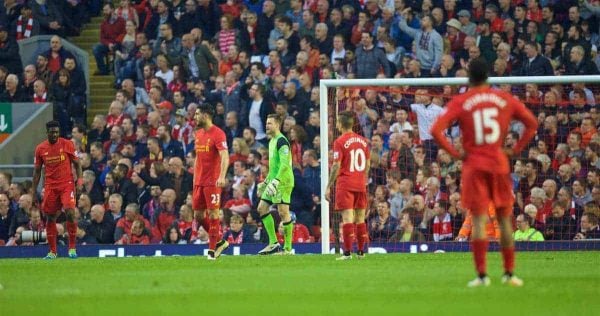 LIVERPOOL, ENGLAND - Wednesday, May 11, 2016: Liverpool players looking dejected after Chelsea's first goal during the Premier League match at Anfield. (Pic by David Rawcliffe/Propaganda)