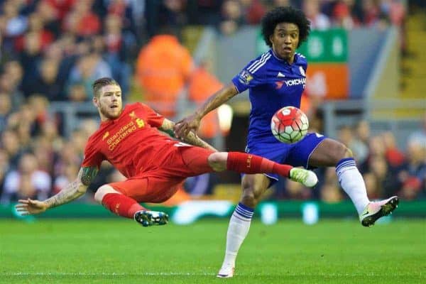 LIVERPOOL, ENGLAND - Wednesday, May 11, 2016: Liverpool's Alberto Moreno in action against Chelsea's Willian Borges da Silva during the Premier League match at Anfield. (Pic by David Rawcliffe/Propaganda)