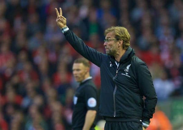 LIVERPOOL, ENGLAND - Wednesday, May 11, 2016: Liverpool's manager Jürgen Klopp giving instructions during the Premier League match against Chelsea at Anfield. (Pic by David Rawcliffe/Propaganda)