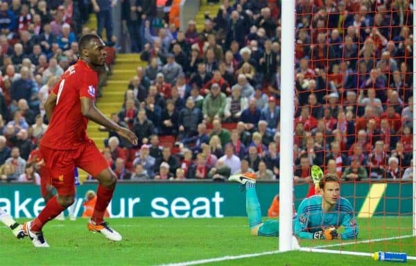 LIVERPOOL, ENGLAND - Wednesday, May 11, 2016: Liverpool's Christian Benteke scores a last-minute goal against Chelsea during the Premier League match at Anfield. (Pic by David Rawcliffe/Propaganda)