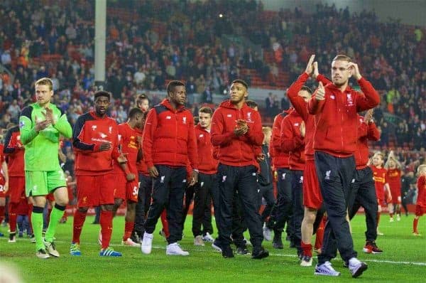 LIVERPOOL, ENGLAND - Wednesday, May 11, 2016: Liverpool's captain Jordan Henderson and his side after the last home game of the season, a 1-1 draw against Chelsea, during the Premier League match at Anfield. (Pic by David Rawcliffe/Propaganda)