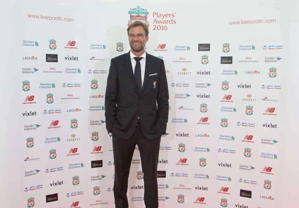 LIVERPOOL, ENGLAND - Thursday, May 12, 2016: Liverpool's manager J¸rgen Klopp arrives on the red carpet for the Liverpool FC Players' Awards Dinner 2016 at the Liverpool Arena. (Pic by David Rawcliffe/Propaganda)