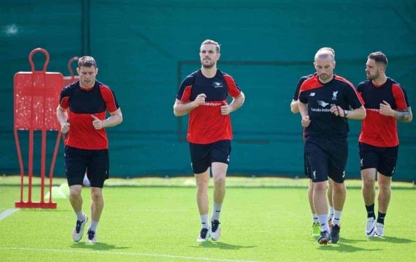 LIVERPOOL, ENGLAND - Friday, May 13, 2016: Liverpool's James Milner and captain Jordan Henderson during a training session at Melwood Training Ground ahead of the UEFA Europa League Final against Seville FC. (Pic by David Rawcliffe/Propaganda)