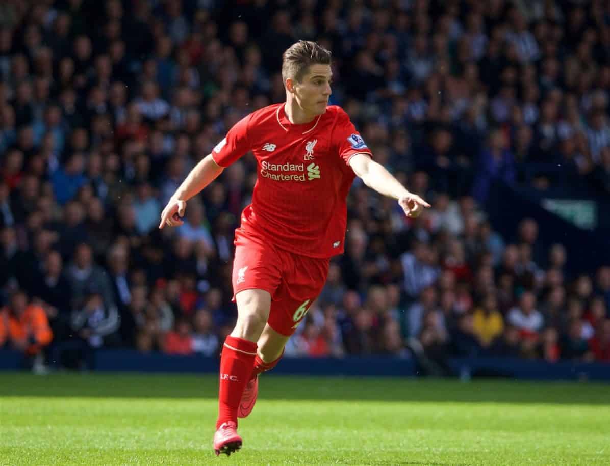 WEST BROMWICH, ENGLAND - Sunday, May 15, 2016: Liverpool's Sergi Canos in action against West Bromwich Albion during the final Premier League match of the season at the Hawthorns. (Pic by David Rawcliffe/Propaganda)