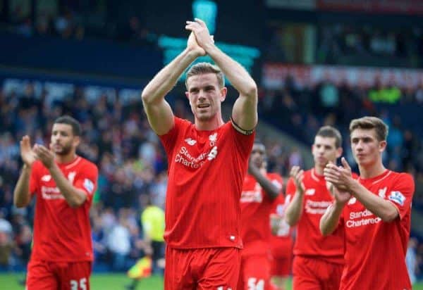 WEST BROMWICH, ENGLAND - Sunday, May 15, 2016: Liverpool's captain Jordan Henderson applauds the supporters after the 1-1 draw against West Bromwich Albion during the final Premier League match of the season at the Hawthorns. (Pic by David Rawcliffe/Propaganda)