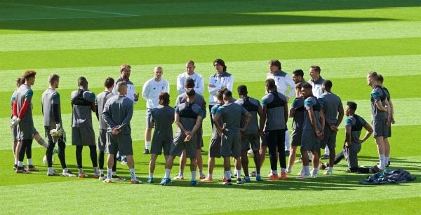 BASEL, SWITZERLAND - Tuesday, May 17, 2016: Liverpool's manager Jürgen Klopp gives a team talk during a training session ahead of the UEFA Europa League Final against Sevilla FC at St-Jakobs Park. (Pic by David Rawcliffe/Propaganda)