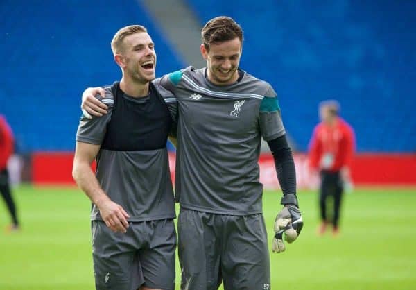 BASEL, SWITZERLAND - Tuesday, May 17, 2016: Liverpool's captain Jordan Henderson and goalkeeper Danny Ward after a training session ahead of the UEFA Europa League Final against Sevilla FC at St-Jakobs Park. (Pic by David Rawcliffe/Propaganda)