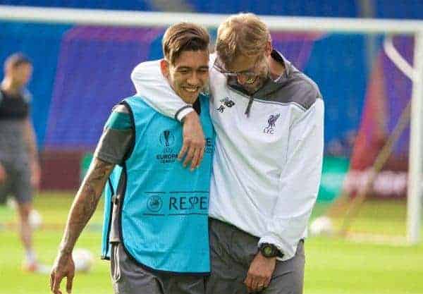 BASEL, SWITZERLAND - Tuesday, May 17, 2016: Liverpool's manager Jürgen Klopp and Roberto Firmino after a training session ahead of the UEFA Europa League Final against Sevilla FC at St-Jakobs Park. (Pic by David Rawcliffe/Propaganda)