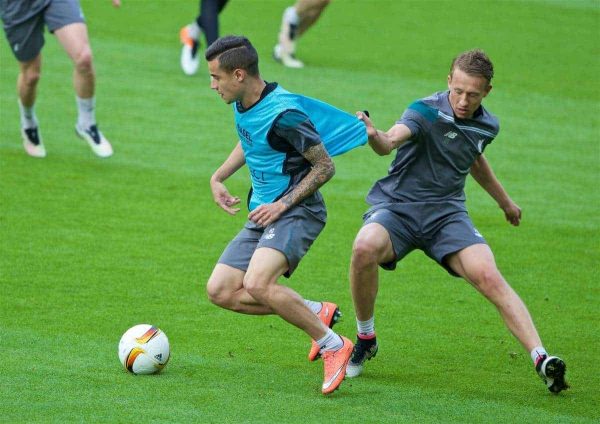 BASEL, SWITZERLAND - Tuesday, May 17, 2016: Liverpool's Philippe Coutinho Correia and Lucas Leiva during a training session ahead of the UEFA Europa League Final against Sevilla FC at St-Jakobs Park. (Pic by David Rawcliffe/Propaganda)