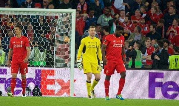BASEL, SWITZERLAND - Wednesday, May 18, 2016: Liverpool's goalkeeper Simon Mignolet looks dejected as Sevilla score the first equalising goal during the UEFA Europa League Final at St. Jakob-Park. (Pic by David Rawcliffe/Propaganda)