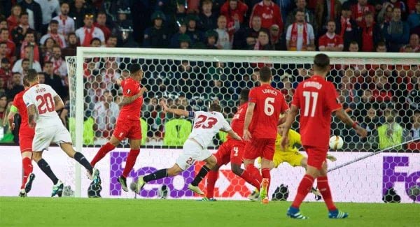 BASEL, SWITZERLAND - Wednesday, May 18, 2016: Sevilla's Coke scores the second goal against Liverpool during the UEFA Europa League Final at St. Jakob-Park. (Pic by David Rawcliffe/Propaganda)