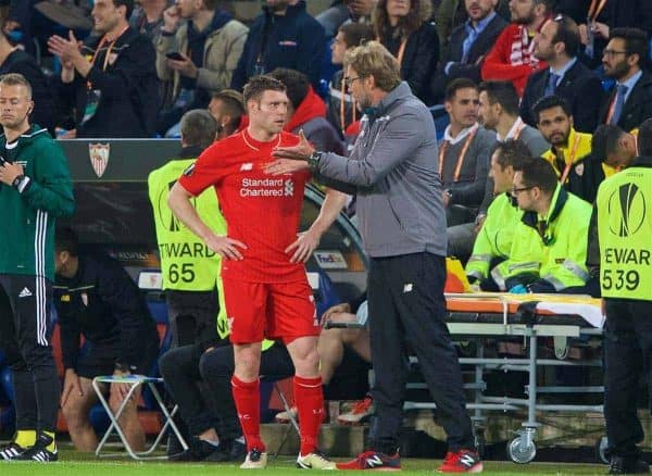 BASEL, SWITZERLAND - Wednesday, May 18, 2016: Liverpool's manager Jürgen Klopp gives instructions to James Milner against Sevilla during the UEFA Europa League Final at St. Jakob-Park. (Pic by David Rawcliffe/Propaganda)