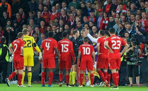 BASEL, SWITZERLAND - Wednesday, May 18, 2016: Liverpool players complain to the referee and assistant, who gave offside for the third goal then changed his mind, to award Sevilla the goal during the UEFA Europa League Final at St. Jakob-Park. (Pic by David Rawcliffe/Propaganda)