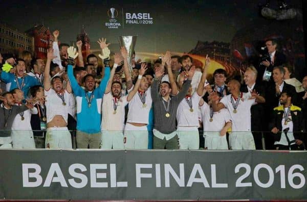 BASEL, SWITZERLAND - Wednesday, May 18, 2016: Sevilla celebrate winning the Europa League after beating Liverpool 3-1 during the UEFA Europa League Final at St. Jakob-Park. (Pic by David Rawcliffe/Propaganda)