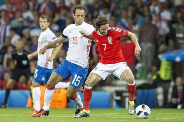 TOULOUSE, FRANCE - Monday, June 20, 2016: Wales' Joe Allen in action against Russia's Roman Shirokov during the final Group B UEFA Euro 2016 Championship match at Stadium de Toulouse. (Pic by Paul Greenwood/Propaganda)